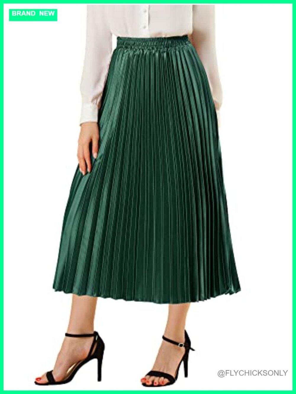 Pleated Midi Skirt High Waisted A Line Swing Flare Metallic Shirring Party